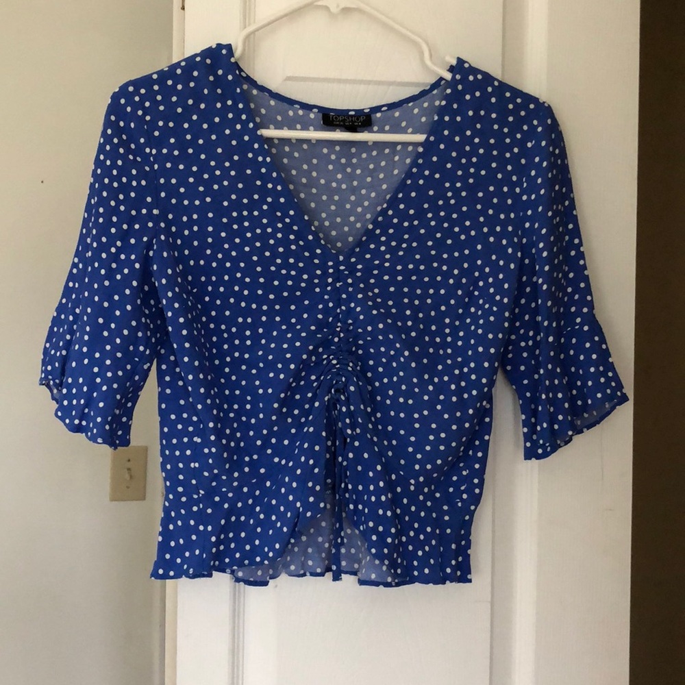 Topshop Blue & White Polka Dot Peplum Top